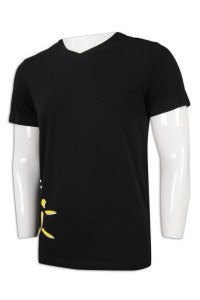 T958 訂購V領短袖T恤 網上下單黑色T恤 胸袋 T恤製衣廠     黑色